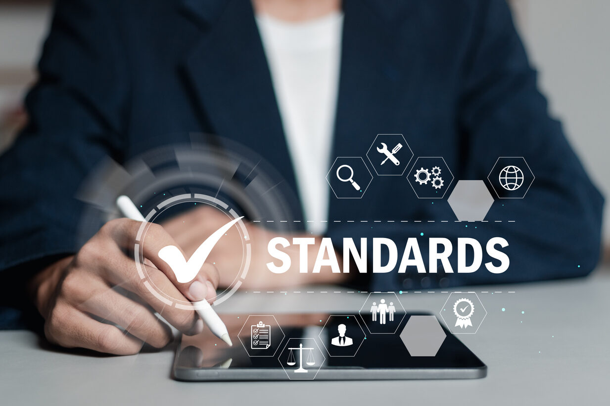 Business standard quality control certification, business and technology concepts. betrouwbare overheid